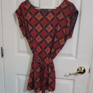 Ann Taylor Factory Geometric Red & Black Tied Waist Slouchy Funky Top M